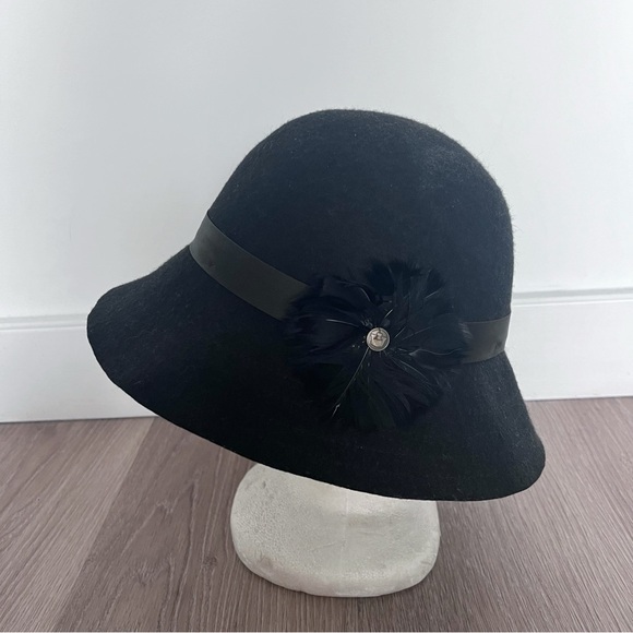 Goorin Brothers Bros. hat size Medium black feather ribbon wool cloche 1920s - Picture 5 of 14